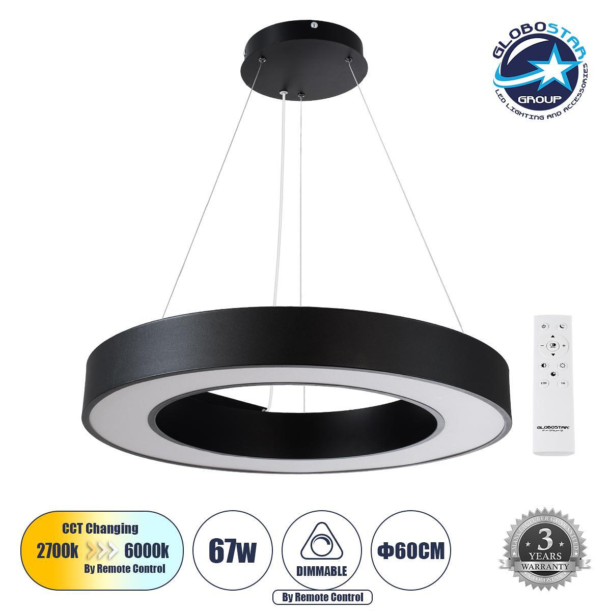 GLOBOSTAR® RA 61194 Модерен висящ LED осветител за таван 67W 7370lm 120° AC 220-240V IP20 Регулируема бяла светлина CCT с дистанционно управление от