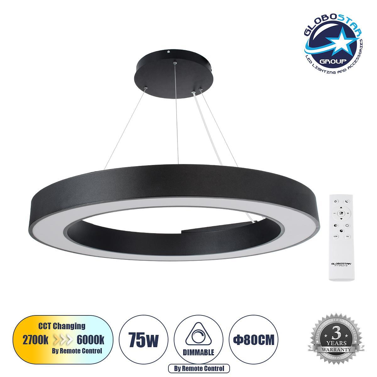 GLOBOSTAR® RA 61196 Модерен висящ LED плафон 75W 8250lm 120° AC 220-240V IP20 Регулируема бяла светлина CCT с дистанционно управление от 2700K до 600