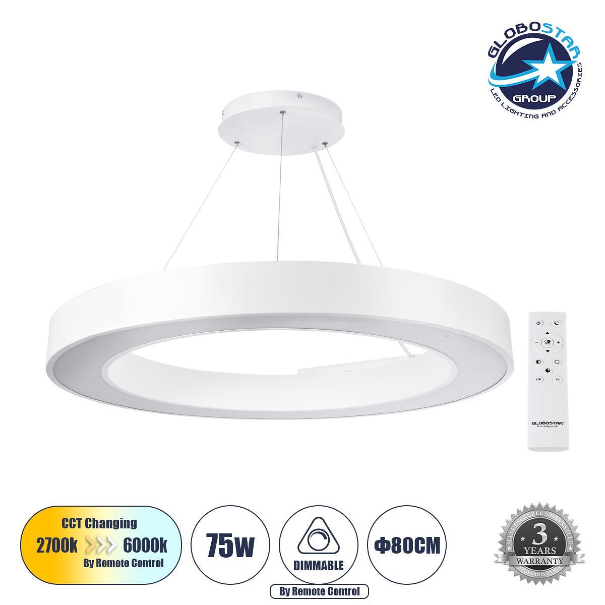 GLOBOSTAR® RA 61197 Модерен висящ LED плафон 75W 8250lm 120° AC 220-240V IP20 Регулируема бяла светлина CCT с дистанционно управление от 2700K до 600