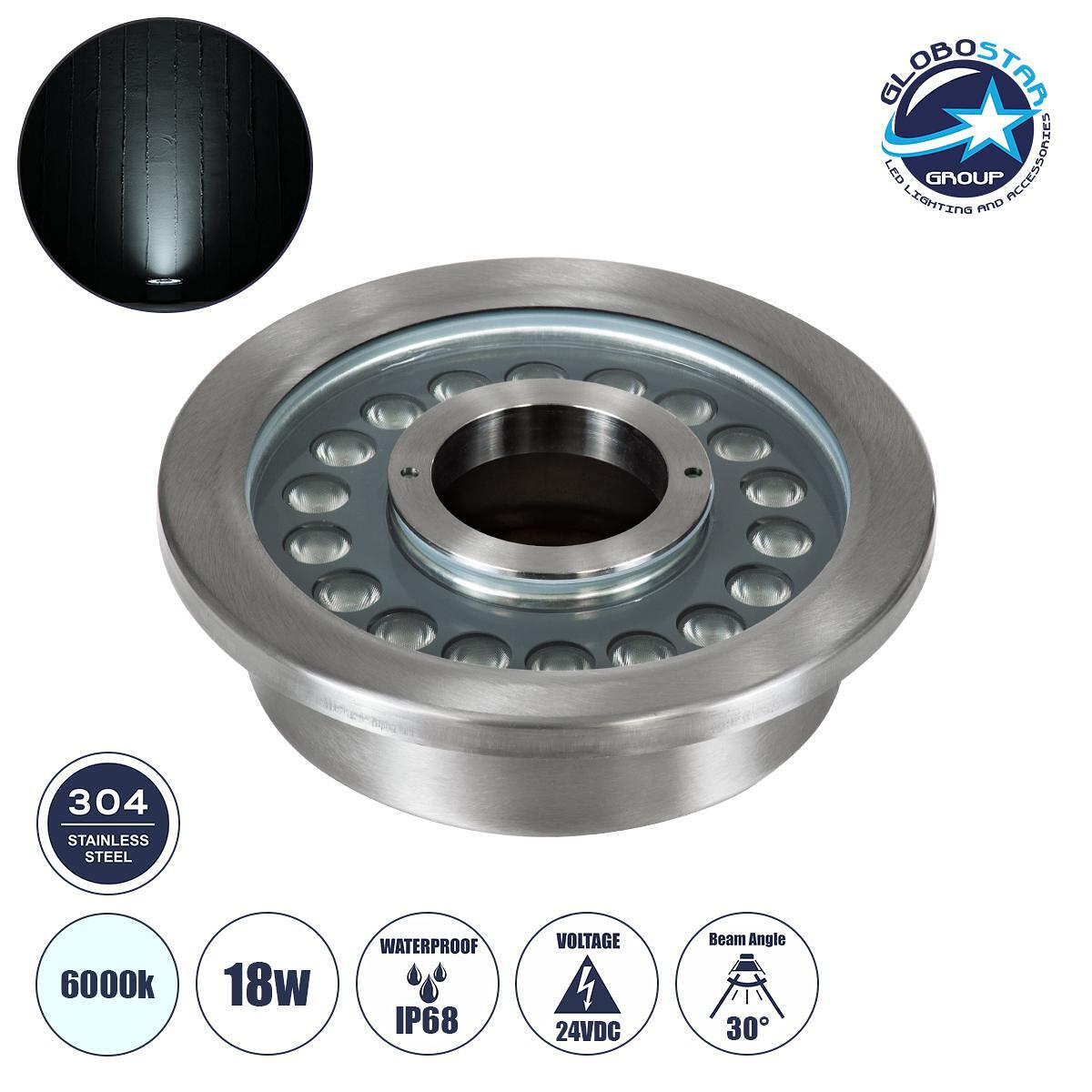 GloboStar® UNDERWATER-DENIS 90442 Потопяем Вграден Прожектор Специален за Фонтани - Басейни - Джакузи LED 18W 1800lm 30° DC 24V Водоустойчив IP68 Φ21