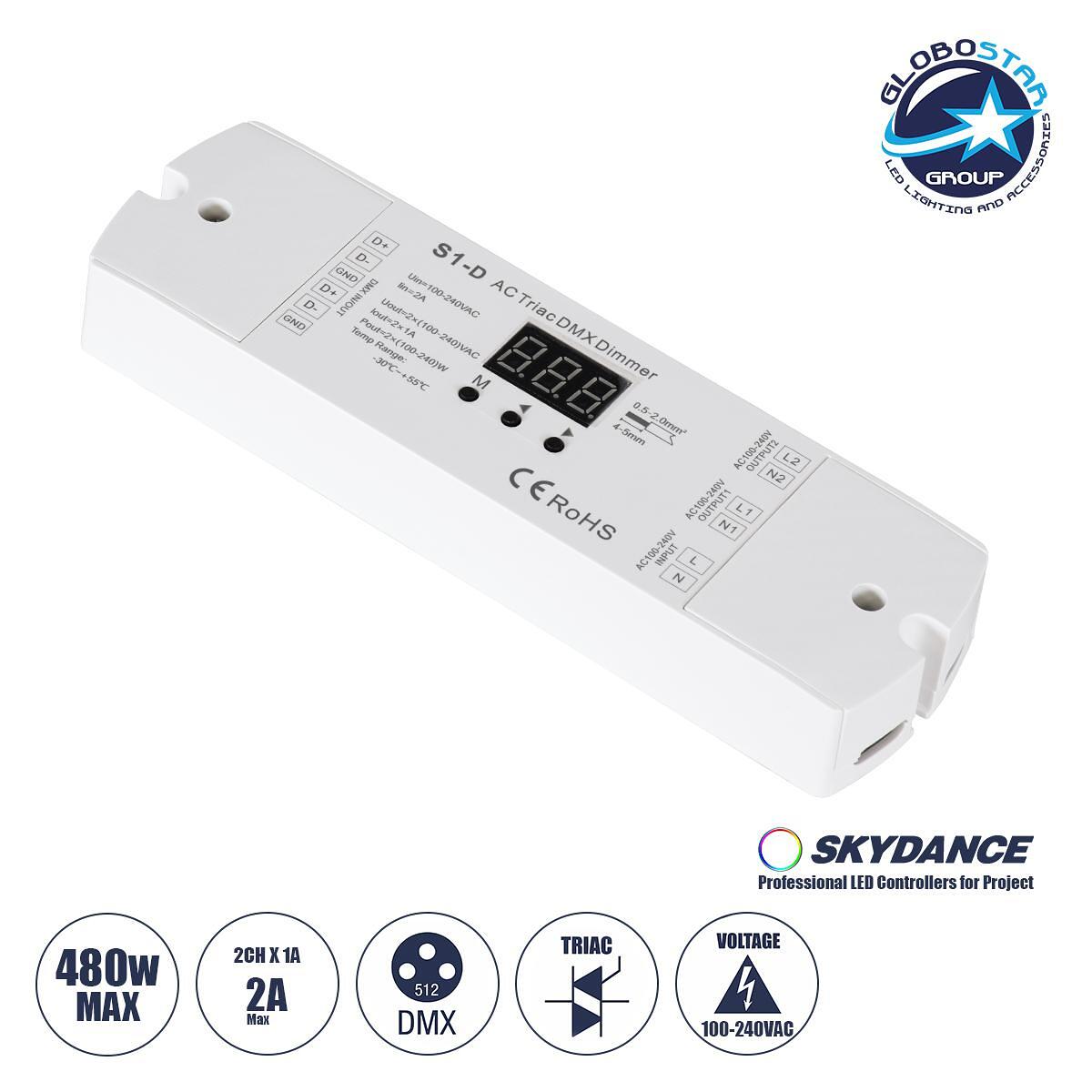 GLOBOSTAR® SKYDANCE-S1-D 70671 AC Trailing Edge DMX Димер с 2 x 1A 240W Канала AC 220-240V 2A 480W Макс IP20 - DMX512 & RDM - Д16.7 x Ш5 x В2.4cm - 5