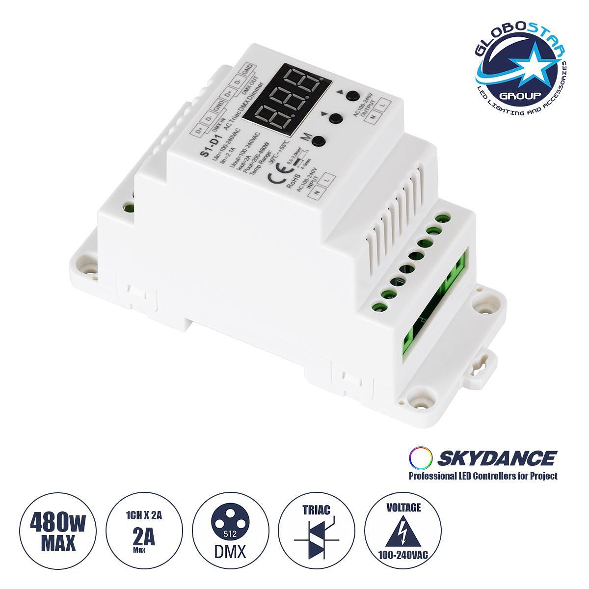 GLOBOSTAR® SKYDANCE-S1-D1 70672 AC Trailing Edge DMX Димер за DIN шина с 1 x 2A 480W канал AC 220-240V 2A 480W Max IP20 - DMX512 & RDM - Д11.5 x Ш5 x