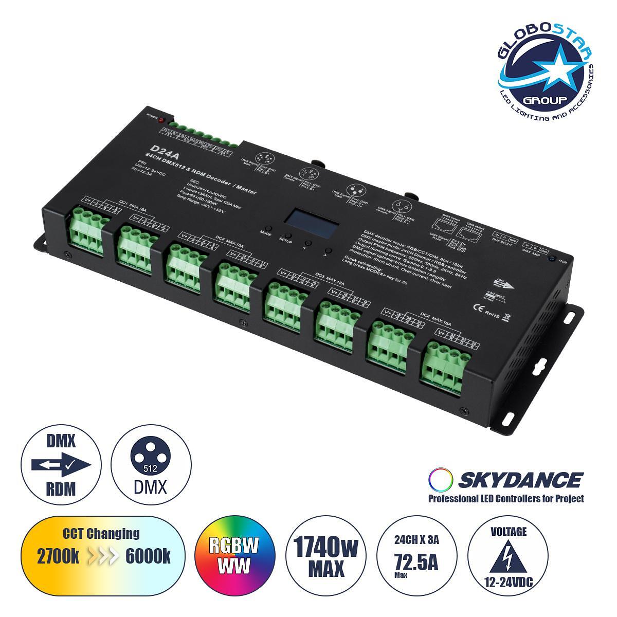 GLOBOSTAR® SKYDANCE-D24A 70673 DC DMX Мастер Димер / Контролер / Декодер Високоскоростен с 24 x 3A 72W Канала DC 12-24V 72.5A 1740W Макс IP20 - DMX51