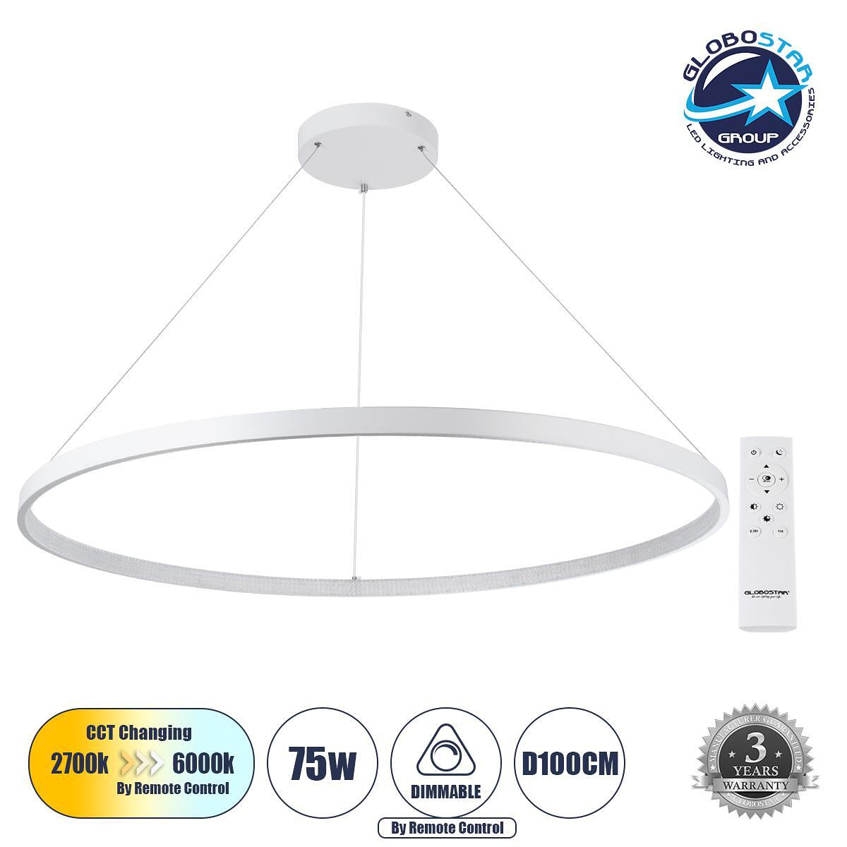 GLOBOSTAR® DIAMOND 61518 Модерен висящ LED плафон 75W 8400lm 360° AC 220-240V IP20 Регулируема бяла светлина CCT с дистанционно управление от 2700K д