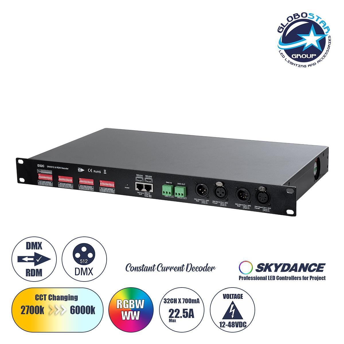 GloboStar® 71570 D32C SKYDANCE DC DMX & RDM Димер Високоскоростен Контролер / Декодер с Постоянен Ток 32 Канала DC 12-48V 32 x 700mA 34W - Макс 22.5A