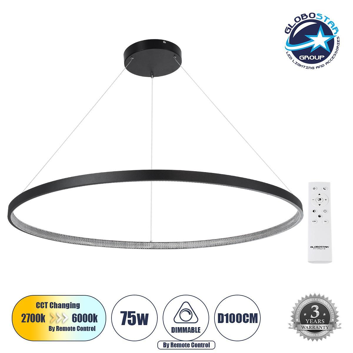 GLOBOSTAR® DIAMOND 61519 Модерен висящ LED плафон 75W 8400lm 360° AC 220-240V IP20 Регулируема бяла светлина CCT с дистанционно управление от 2700K д