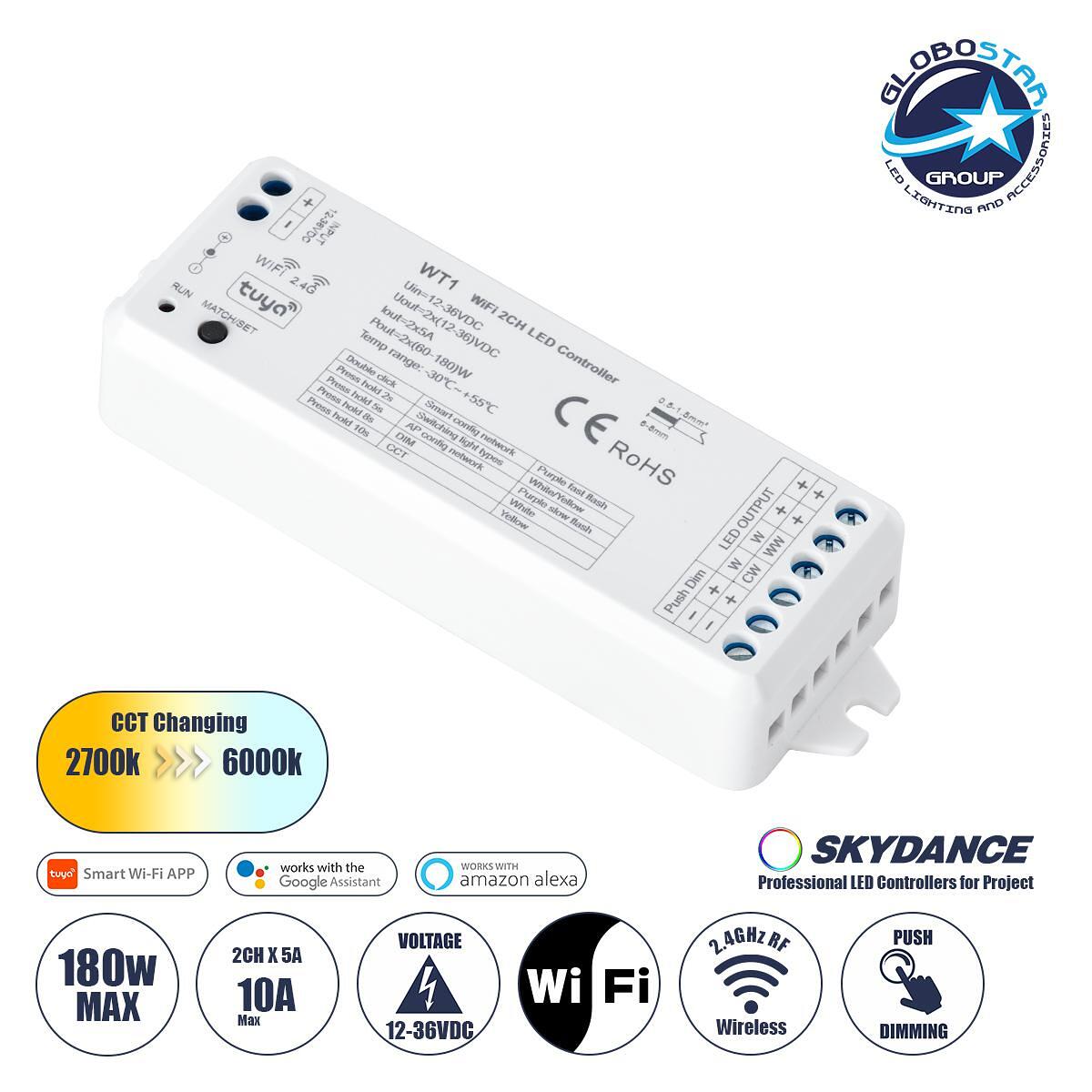 GloboStar® 71468 WT1 SKYDANCE DC WiFi & RF 2.4Ghz Димер Контролер с Висока Скорост 2 Канала DC 12-36V 2 x 5A 180W - Макс 10A 180W - IP20 Д11.5 x Ш3.5