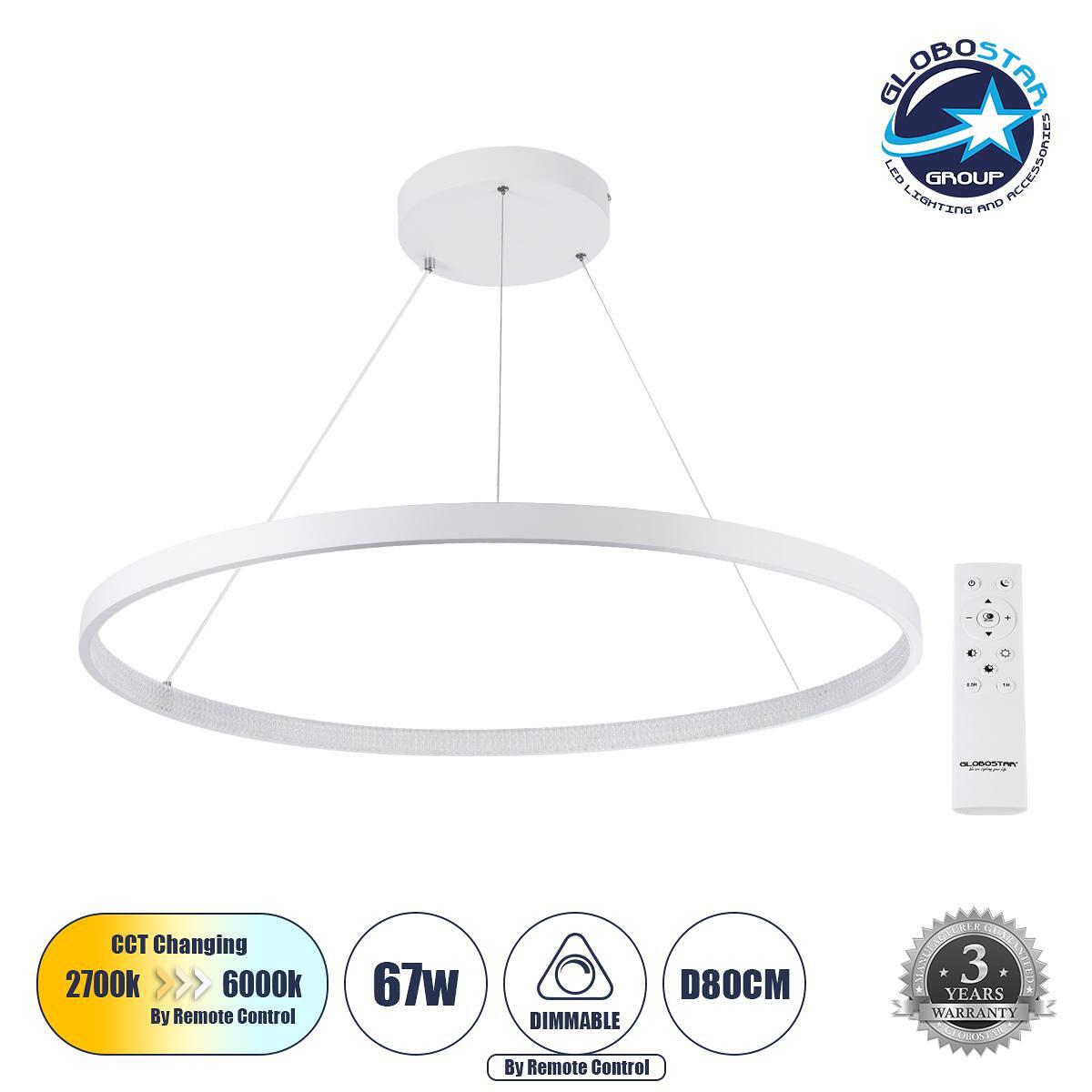 GLOBOSTAR® DIAMOND 61521 Модерен висящ LED плафон 67W 7504lm 360° AC 220-240V IP20 Регулируема бяла светлина CCT с дистанционно управление от 2700K д