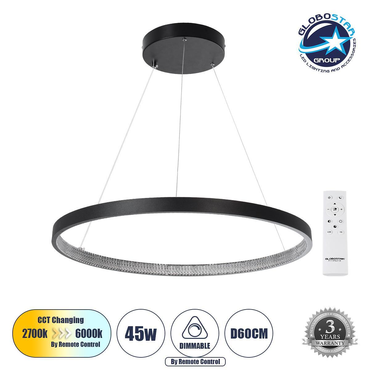 GLOBOSTAR® DIAMOND 61522 Модерен висящ LED плафон 45W 5040lm 360° AC 220-240V IP20 Регулируема бяла светлина CCT с дистанционно управление от 2700K д