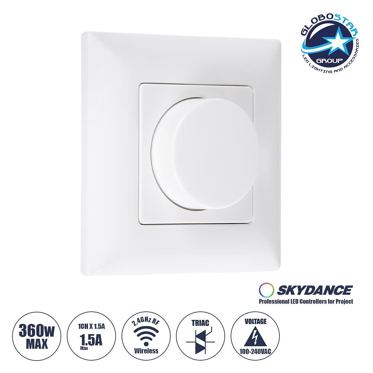 GloboStar® 71456 KS SKYDANCE AC Smart RF 2.4Ghz & Димер Triac Dimming AC100-240V към AC100-240V 1 x 1.5A 360W - Макс 1.5A 360W - IP20 - Бяло тяло - Д