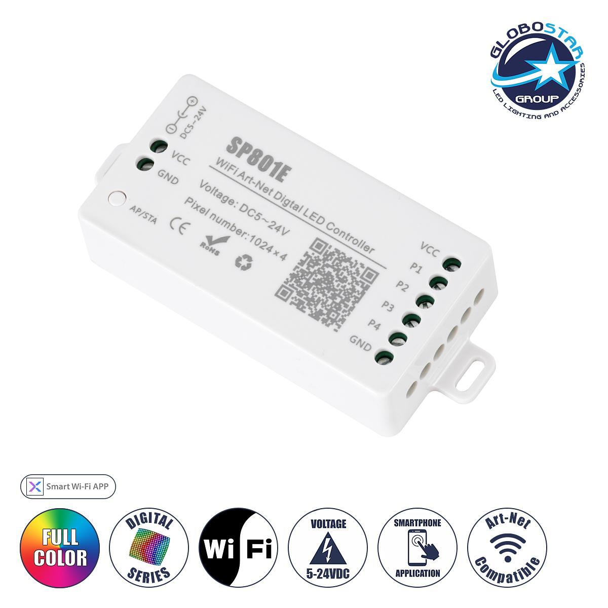 GloboStar® 73415 SP801E Безжичен WiFi Art-Net LED FULL COLOR Magic Digital Pixel Контролер iOS/Android за LED Дигитални Многоцветни и Едноцветни Прод