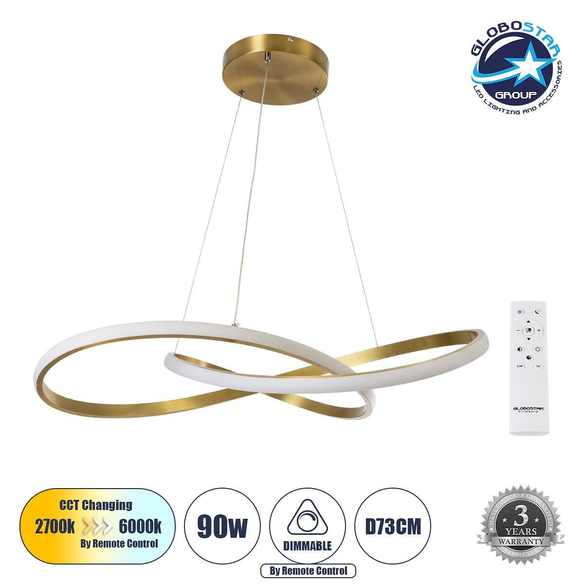 GLOBOSTAR® DEXTER 60916 Модерен висящ LED плафон 90W 10080lm 300° AC 220-240V IP20 Регулируема бяла светлина CCT с дистанционно управление от 2700K д