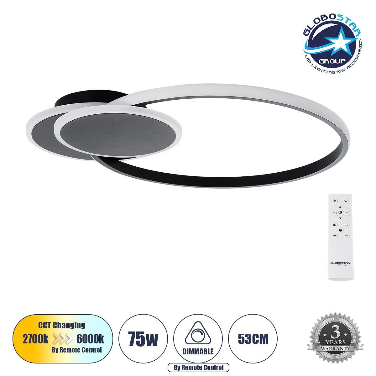 GLOBOSTAR® CIRCUO 61229 Модерен LED плафон 75W 8400lm 360° AC 220-240V IP20 Регулируема бяла светлина CCT с дистанционно управление от 2700K до 6000K
