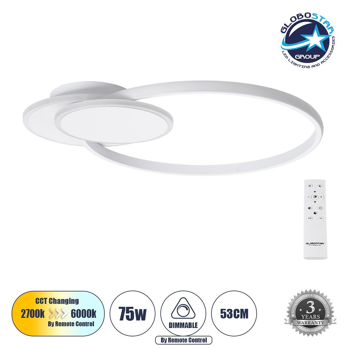 GLOBOSTAR® CIRCUO 61230 Модерен LED плафон 75W 8400lm 360° AC 220-240V IP20 Регулируема бяла светлина CCT с дистанционно управление от 2700K до 6000K
