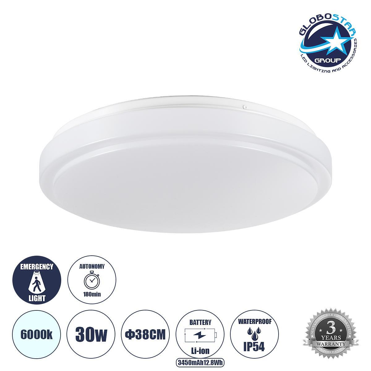 GLOBOSTAR® EMERGANO 60992 Осветително тяло плафон за таван с вградена аварийна система Li-ion 3450mAh/12.8Wh с автономия 3 часа LED 30W 3000lm 120° A