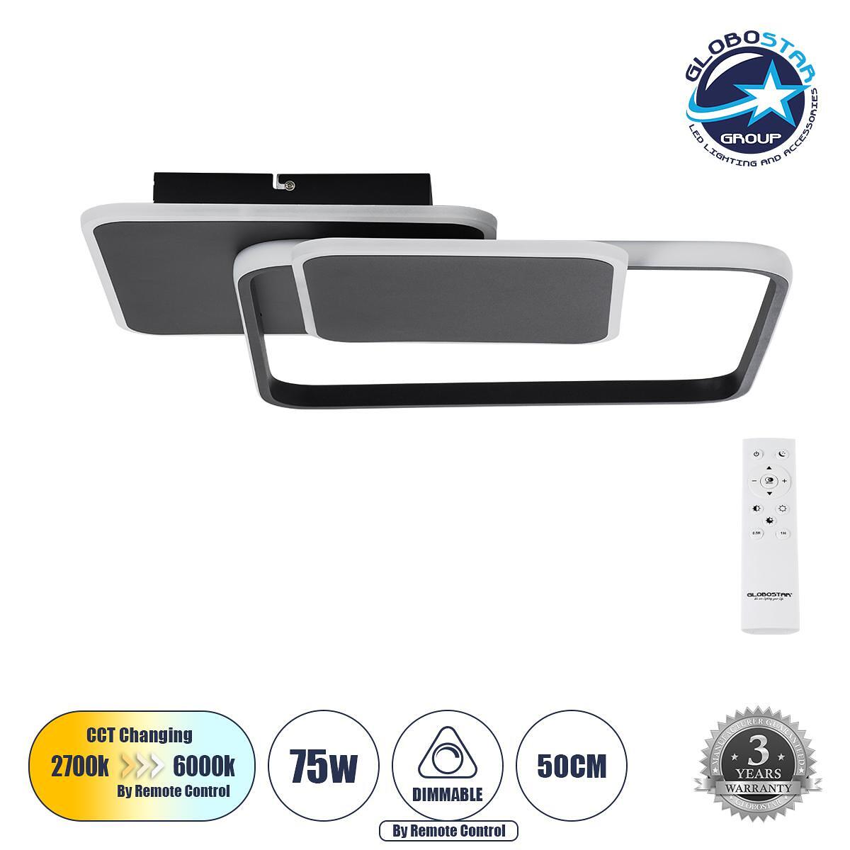 GLOBOSTAR® SQUARO 61231 Модерен LED плафон 75W 8400lm 360° AC 220-240V IP20 Регулируема бяла светлина CCT с дистанционно управление от 2700K до 6000K