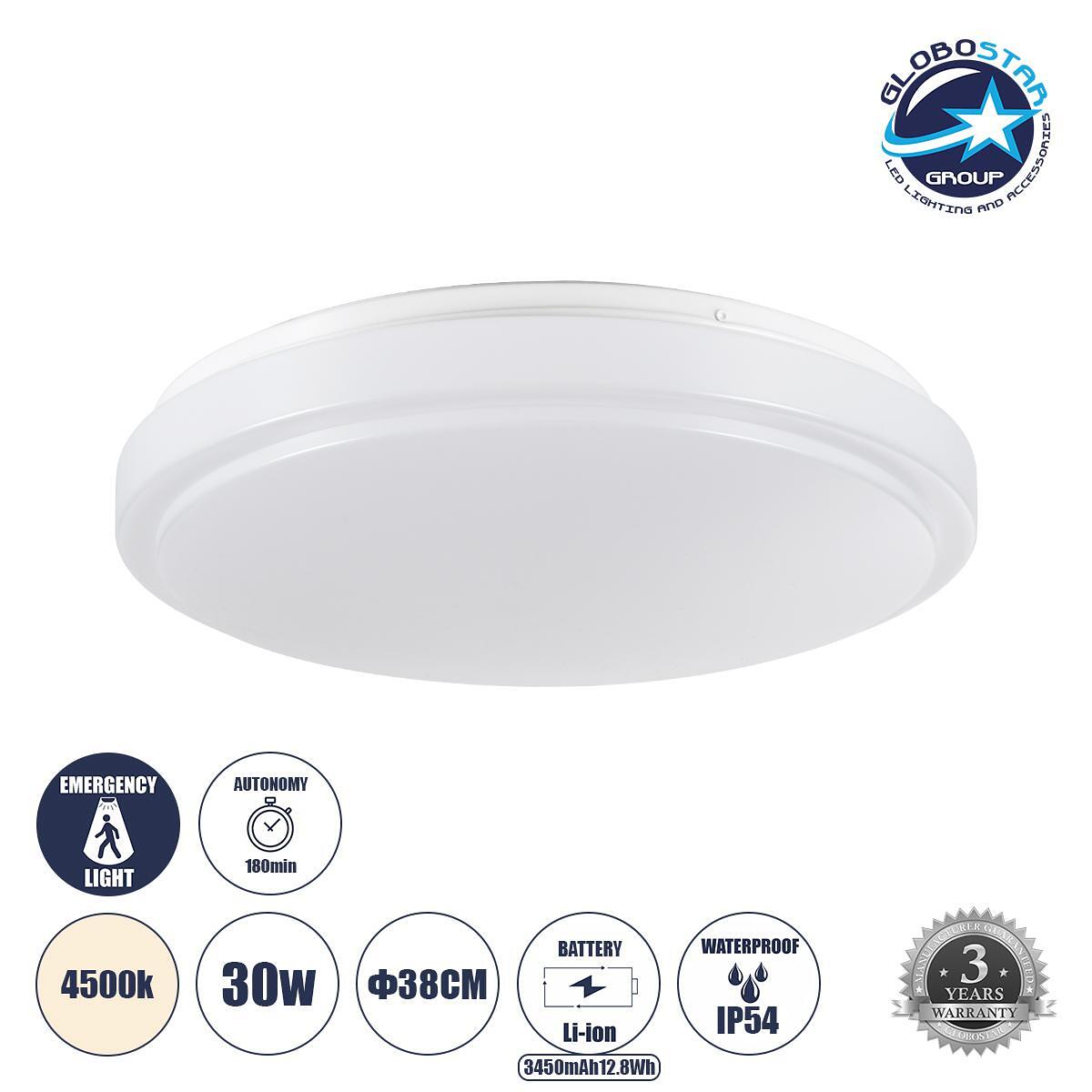 GLOBOSTAR® EMERGANO 60993 LED плафон за таван с вградена аварийна система Emergency Li-ion 3450mAh/12.8Wh с автономия 3 часа LED 30W 2850lm 120° AC 2