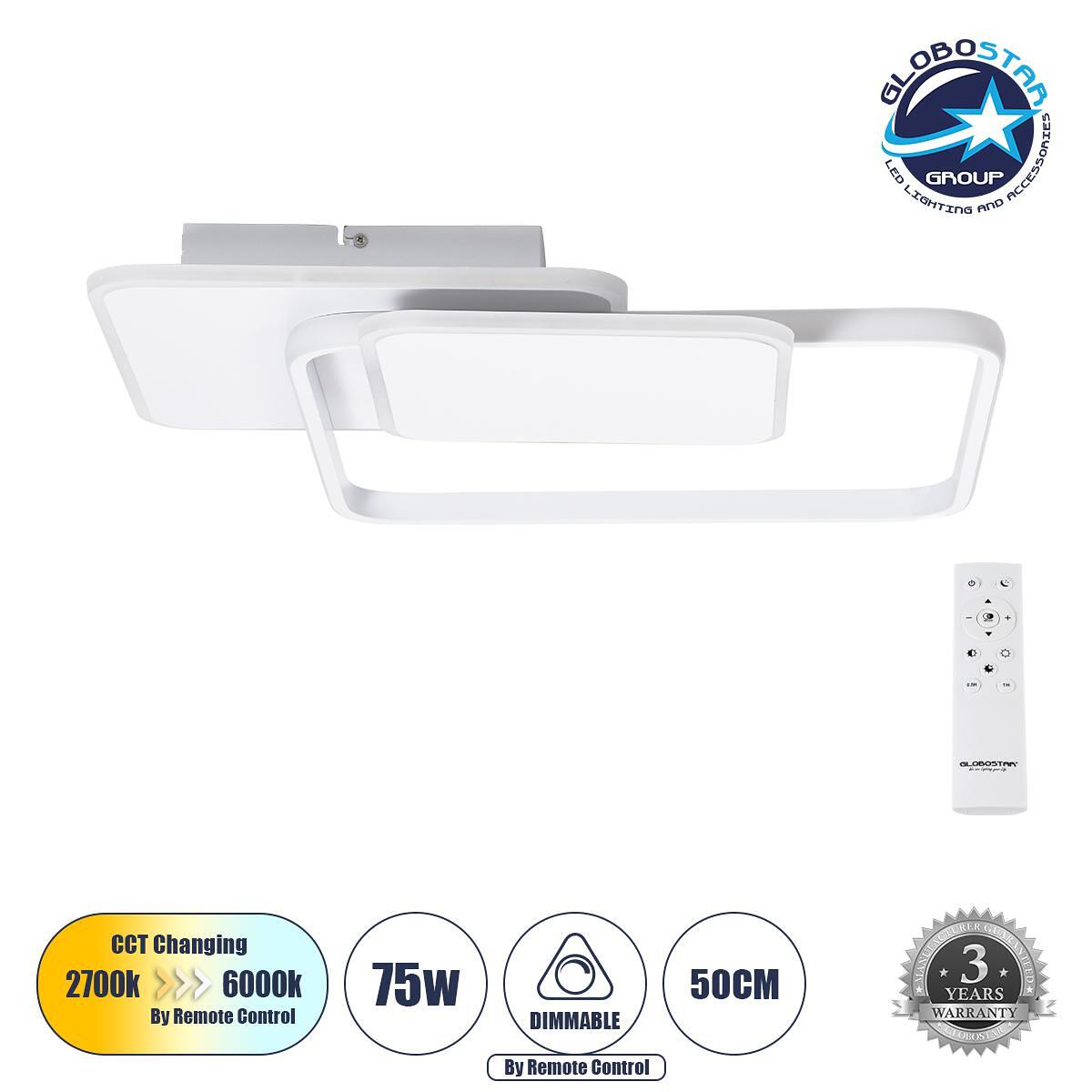 GLOBOSTAR® SQUARO 61232 Модерен LED плафон 75W 8400lm 360° AC 220-240V IP20 Регулируема бяла светлина CCT с дистанционно управление от 2700K до 6000K