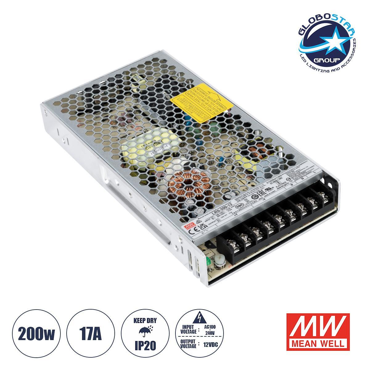 GLOBOSTAR® MEANWELL-LRS200-12 90782 Захранващ блок/Трансформатор PELV 200W 17A DC 12V IP20 - AC 220-240V към DC 12V / Регулируем от DC 10.2V до DC 13