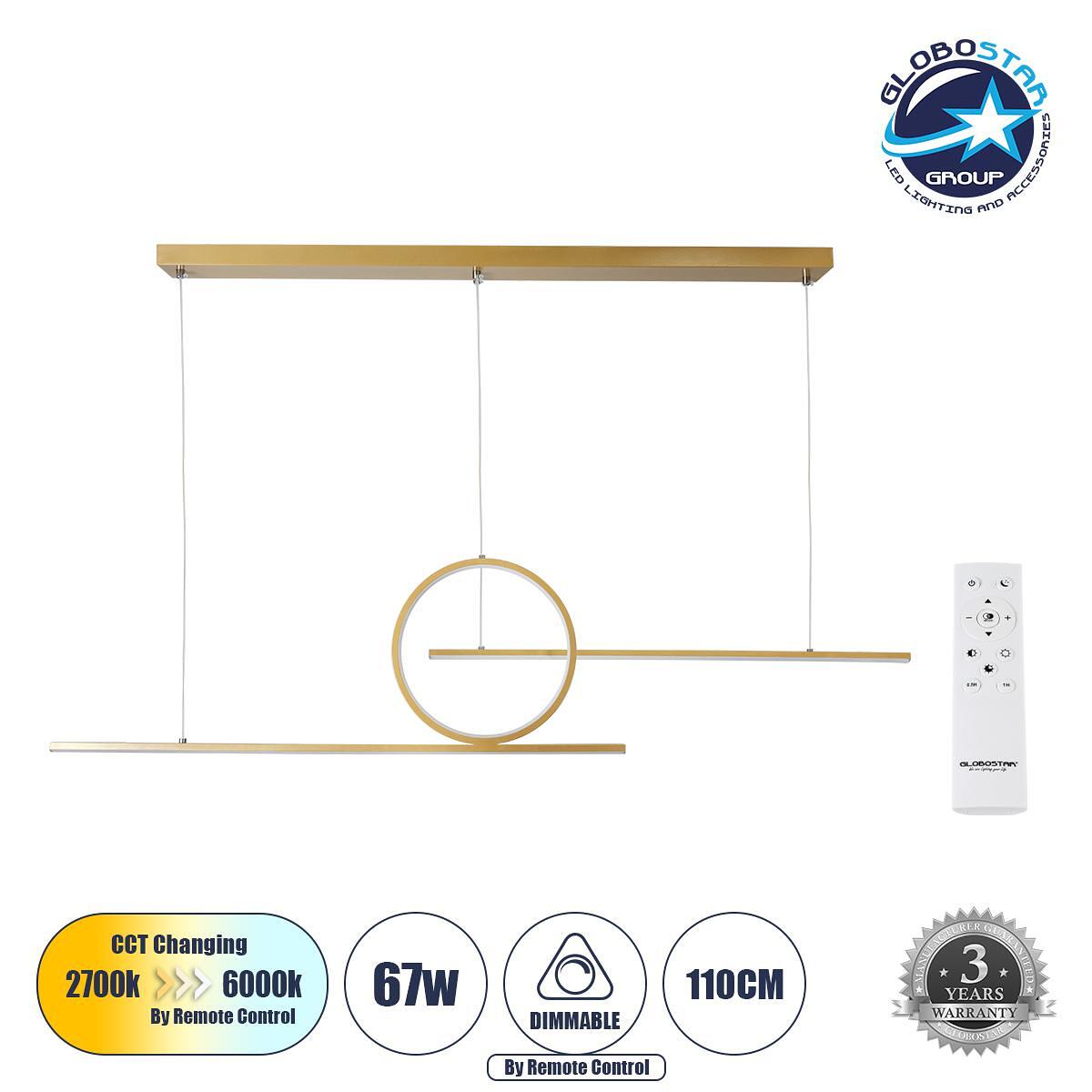 GLOBOSTAR® TEREZA 61289 Модерен висящ LED плафон 67W 7504lm 300° AC 220-240V IP20 Регулируема бяла светлина CCT с дистанционно управление от 2700K до
