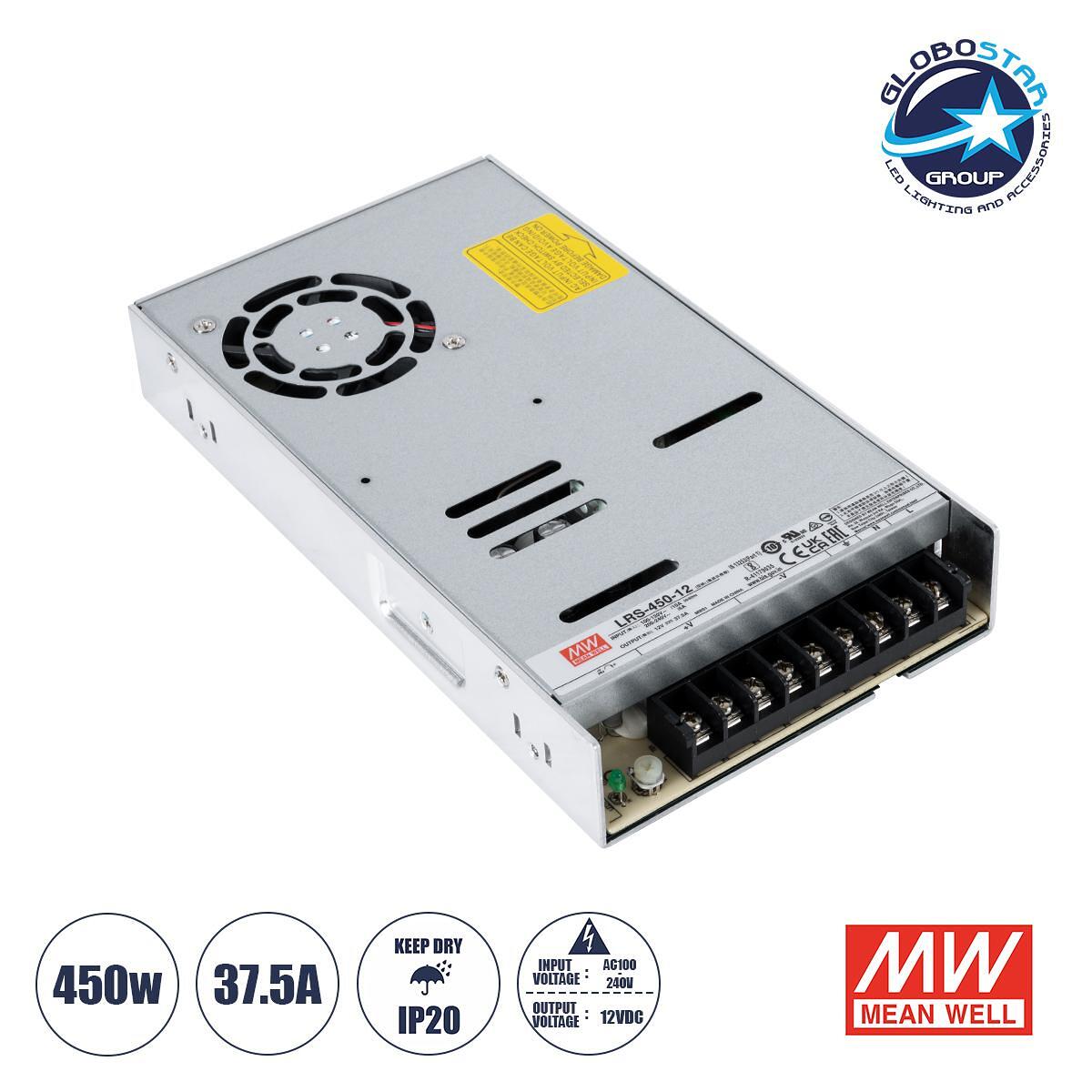GLOBOSTAR® MEANWELL-LRS450-12 90786 Захранващ блок/Трансформатор PELV 450W 37.5A DC 12V IP20 - AC 220-240V към DC 12V / Регулируем от 10.2VDC до 13.8