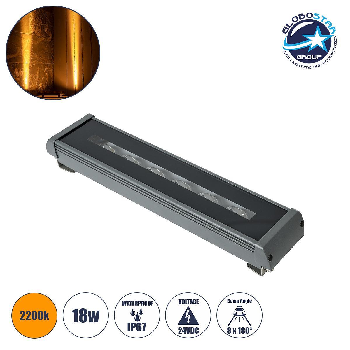 GLOBOSTAR® WINDOWRAFI 90726 Осветително тяло за подчертаване на прозорци LED 18W 1530lm 8°x180° DC 24V Водоустойчиво IP67 Ултра топло бяло 2200K Дими