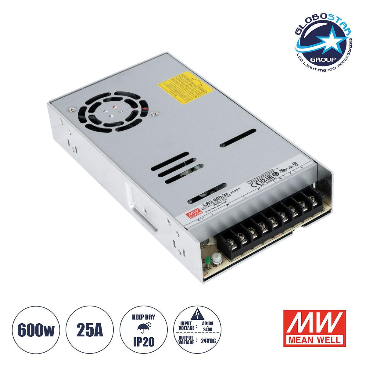 GLOBOSTAR® MEANWELL-LRS600-24 90788 Захранващ блок/Трансформатор PELV 600W 25A DC 24V IP20 - AC 220-240V към DC 24V / Регулируем от 22.8VDC до 26.4VD
