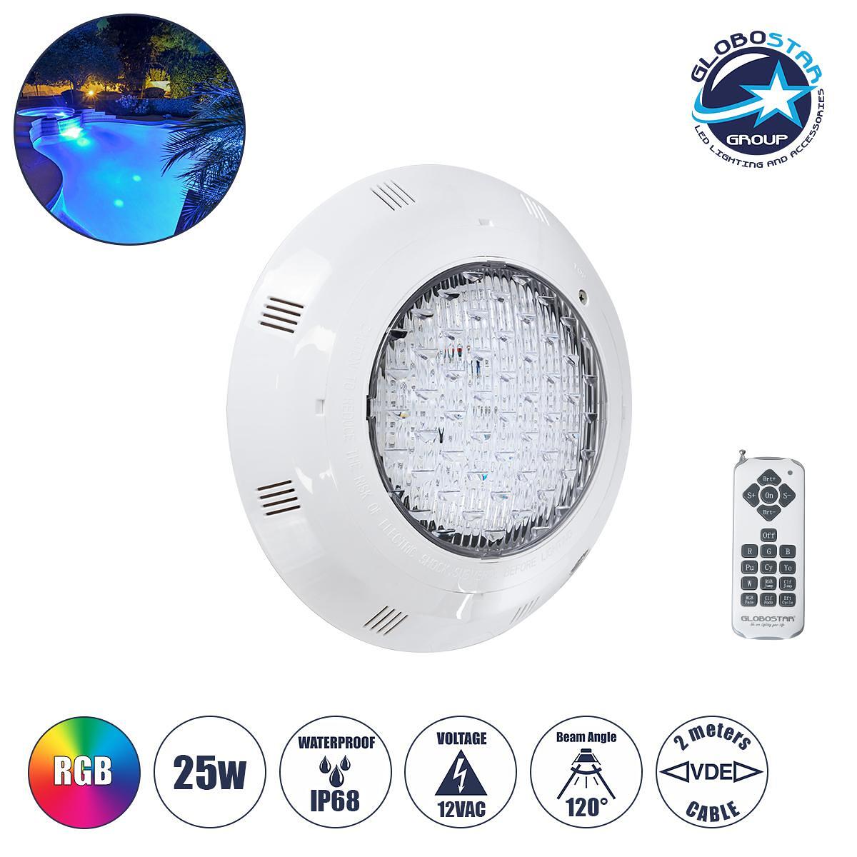 GLOBOSTAR® POOLETI 61542 Подводно осветително тяло за фонтани/басейни LED 25W 1750lm 120° AC 12V Водоустойчиво IP68 RGB Димируемо - Безжично RF 2.4Gh