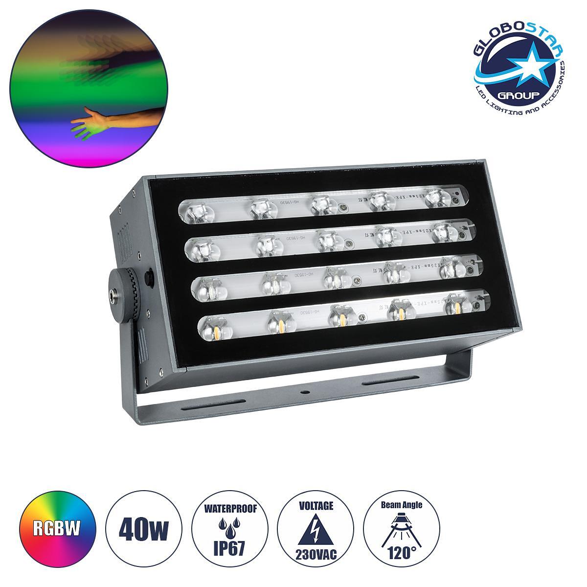 GLOBOSTAR® FLOODKENA 90765 Прожектор Спот Wall Washer LED 40W 3400lm 120° AC 220-240V Водоустойчив IP67 Многоцветен RGBW - Bridgelux SMD Чип - Сив Ан