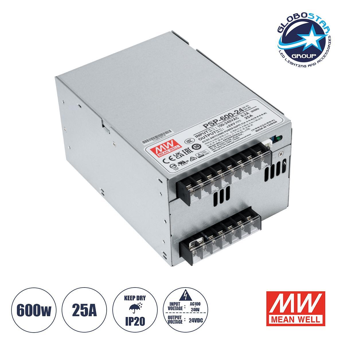 GLOBOSTAR® MEANWELL-PSP-600-24 90791 Захранващ блок/Трансформатор PELV 600W 25A DC 24V IP20 - AC 220-240V към DC 24V / Регулируем от DC 20V до DC 26.