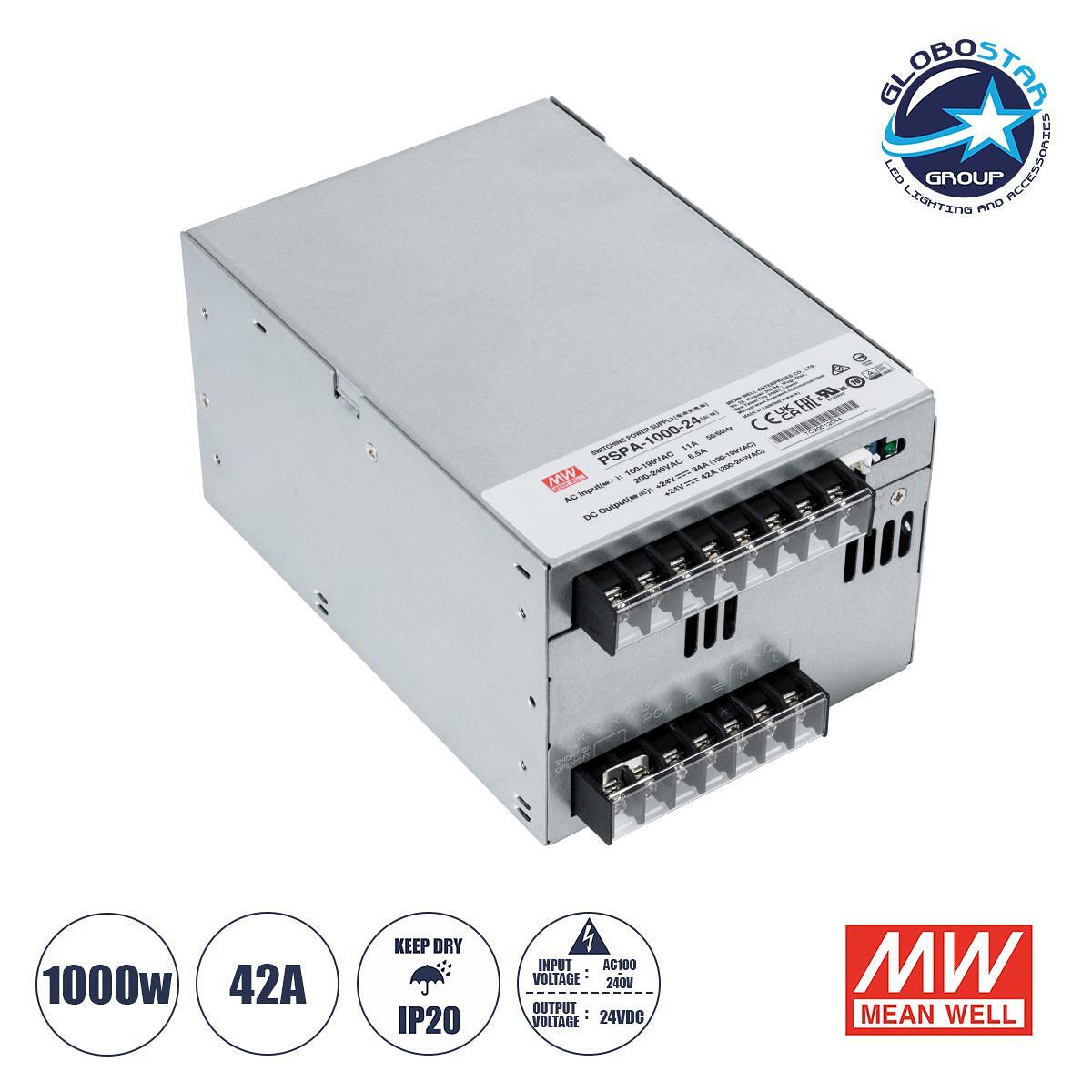 GLOBOSTAR® MEANWELL-PSPA-1000-24 90791 Захранване/Трансформатор PELV 1000W 42A DC 24V IP20 - AC 220-240V към DC 24V / Регулируемо от DC 22V до DC 28V