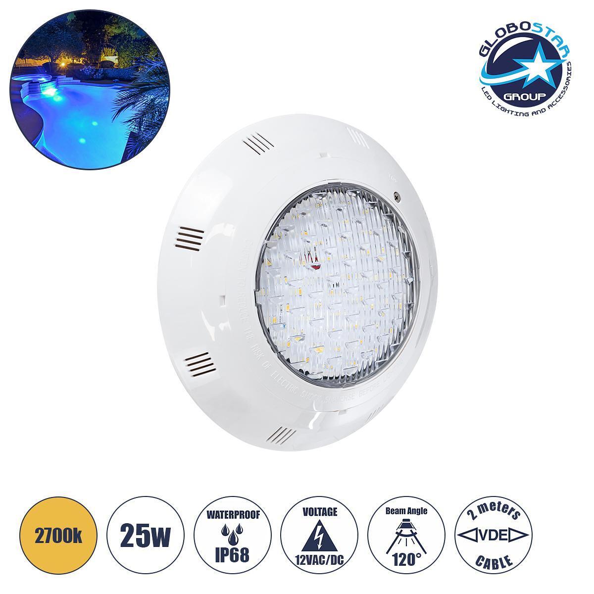 GLOBOSTAR® POOLETI 61540 Подводна LED лампа за фонтани/басейни 25W 1875lm 120° AC/DC 12V Водоустойчива IP68 Топло бяло 2700K Димируема - 2m VDE гумен