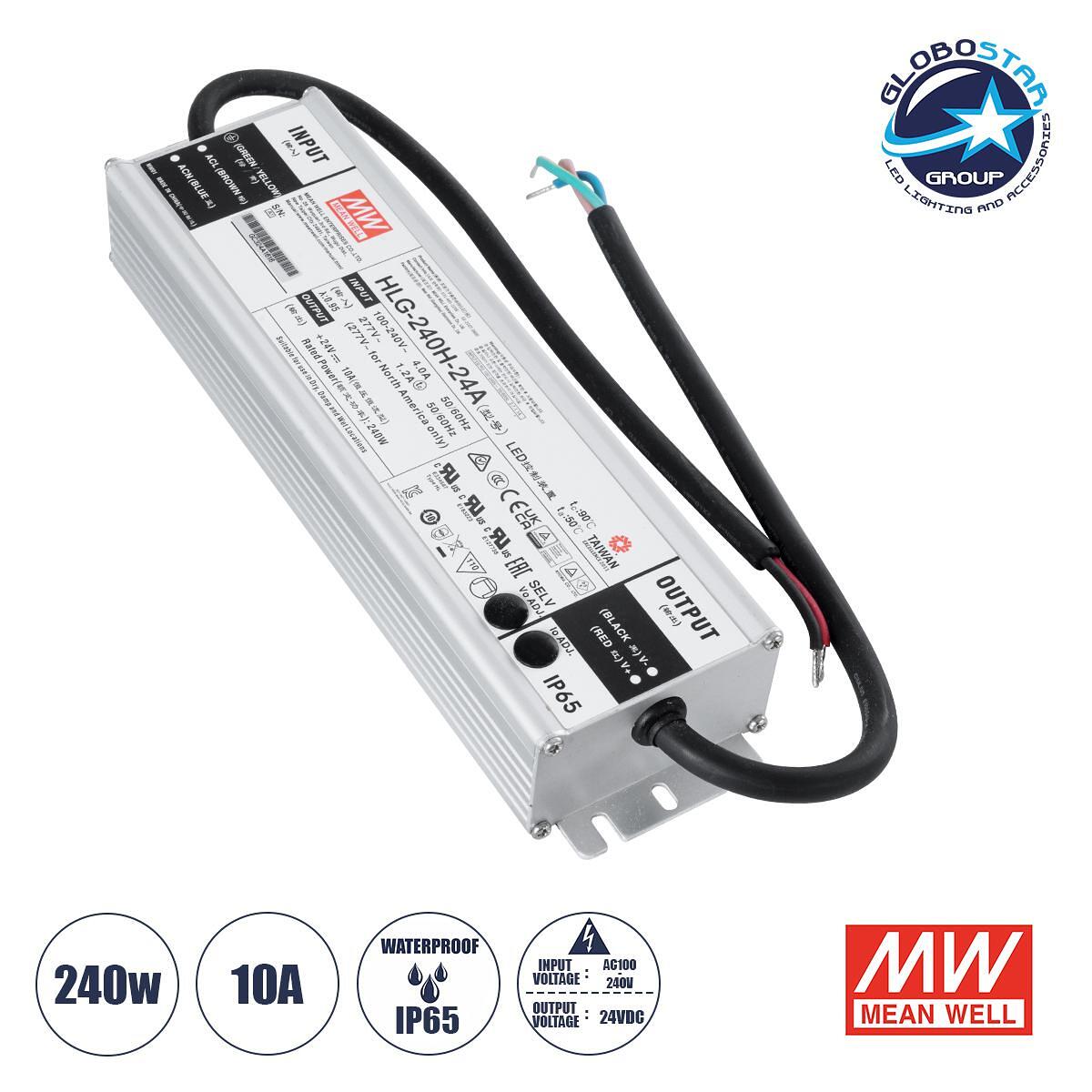 GLOBOSTAR® MEANWELL-HLG240H-24A 90793 Захранващ блок/Трансформатор SELV 240W 10A DC 24V Водоустойчив IP65 - AC 220-240V към DC 24V / Регулируем от 22