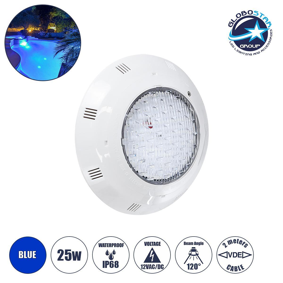 GLOBOSTAR® POOLETI 61541 Подводна LED лампа за фонтани/басейни 25W 1750lm 120° AC/DC 12V Водоустойчива IP68 Синя Dimmable - 2m VDE гумен кабел - Φ30