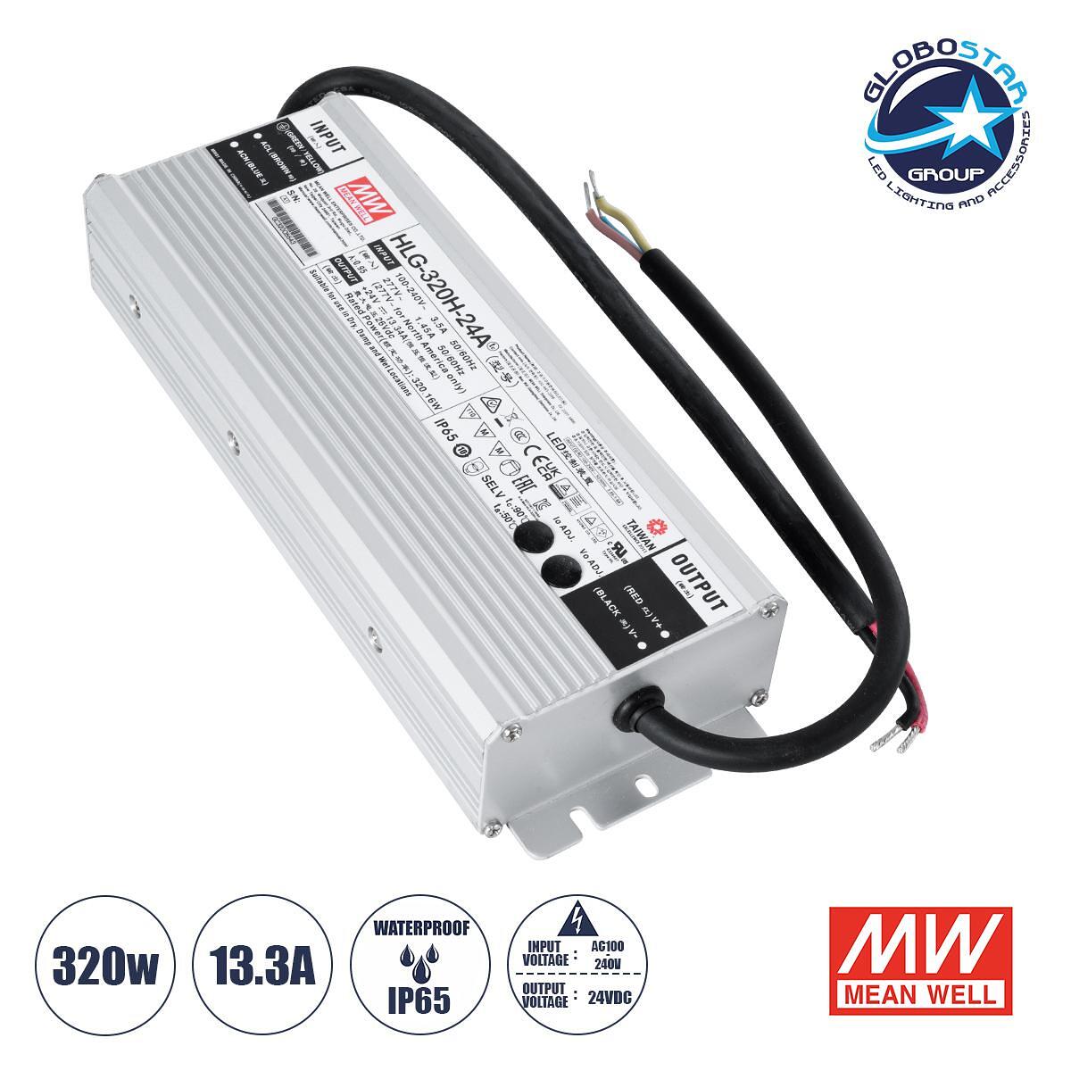 GLOBOSTAR® MEANWELL-HLG320H-24A 90794 Захранване/Трансформатор SELV 320W 13.3A DC24V Водоустойчив IP65 - AC 220-240V към DC 24V / Регулируем от DC 21
