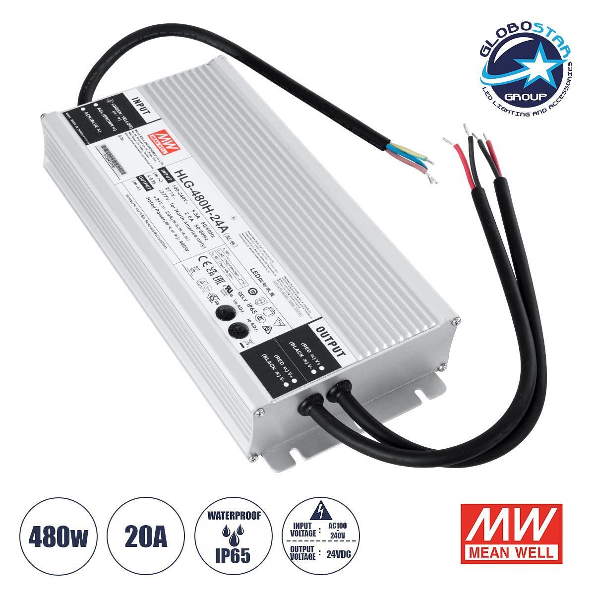 GLOBOSTAR® MEANWELL-HLG480H-24A 90795 Захранване/Трансформатор SELV 480W 20A DC 24V Водоустойчив IP65 - AC 220-240V към DC 24V / Регулируем от 20.4VD