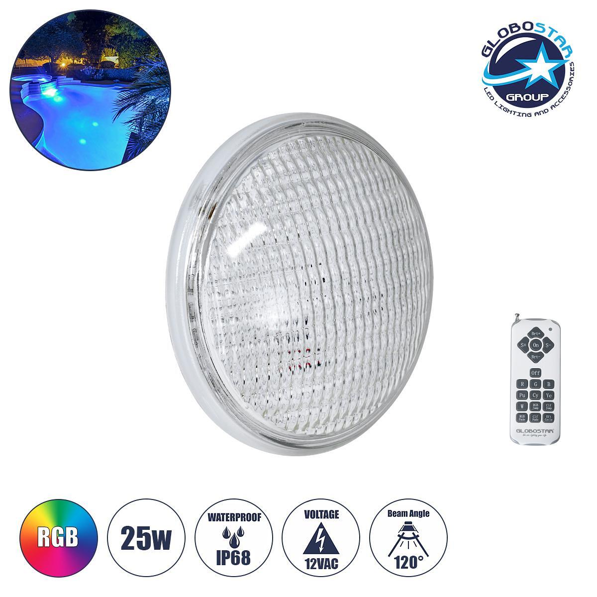 GloboStar® POOLANO 61537 LED Лампа Спот за Басейн GX16D PAR56 25W 1750lm 120° AC 12V Водоустойчива IP68 IK06 Закалено стъкло Φ18 x В10cm RGB с Безжич