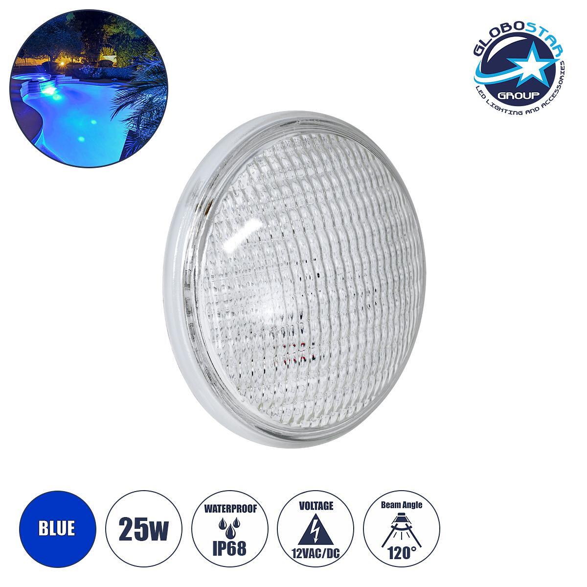 GloboStar® POOLANO 61536 LED Лампа Спот за Басейн GX16D PAR56 25W 1750lm 120° AC/DC 12V Водоустойчива IP68 IK06 Закалено стъкло Φ18 x В10cm Синя - Br