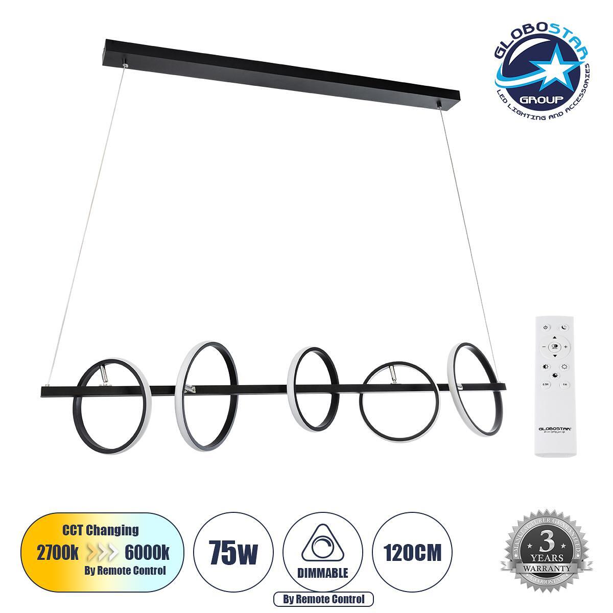 GLOBOSTAR® CIRCOLARE 61319 Модерен висящ LED плафон 75W 8400lm 360° AC 220-240V IP20 Регулируема бяла светлина CCT с дистанционно управление от 2700K