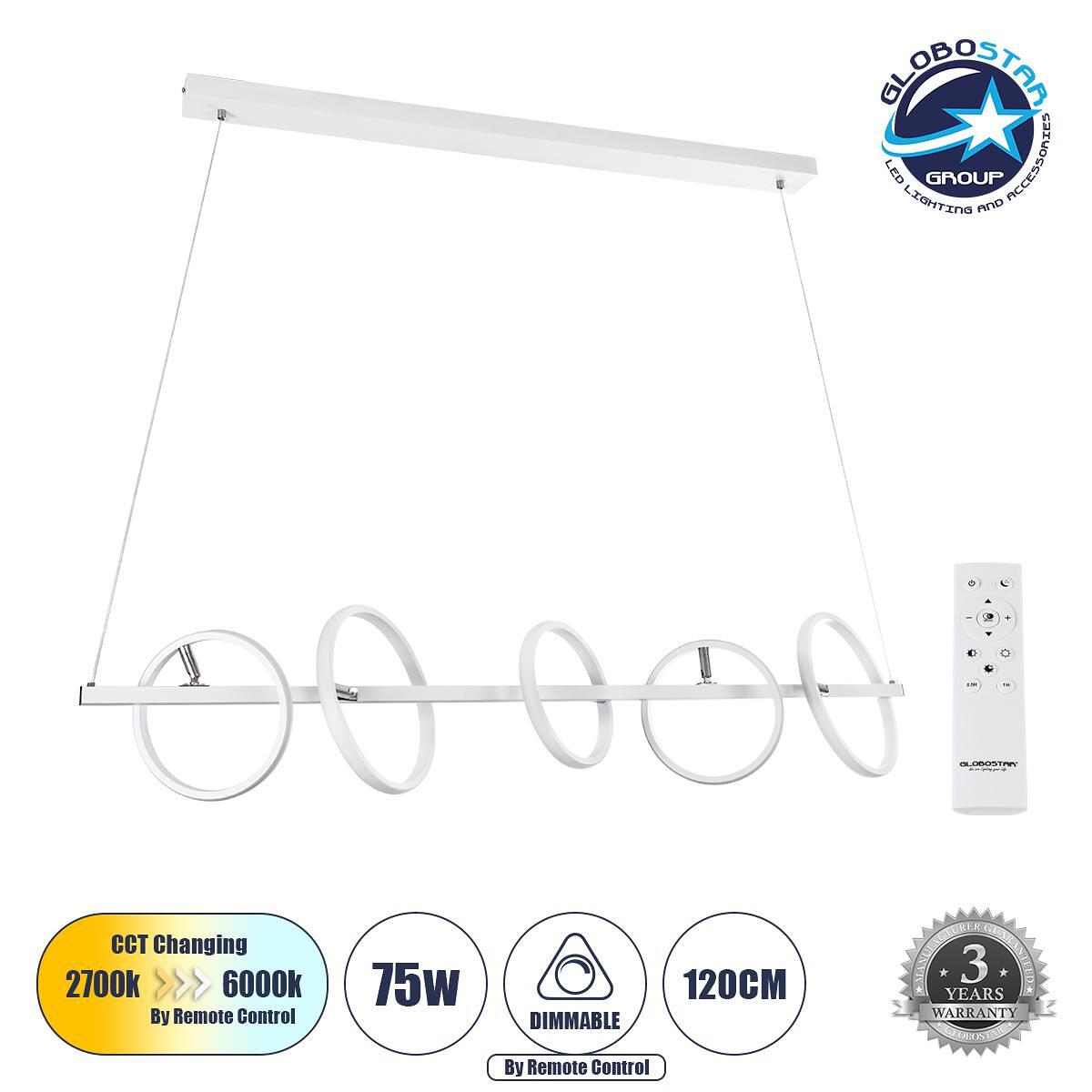 GLOBOSTAR® CIRCOLARE 61320 Модерен висящ LED плафон 75W 8400lm 360° AC 220-240V IP20 Регулируема бяла CCT с дистанционно управление от 2700K до 6000K