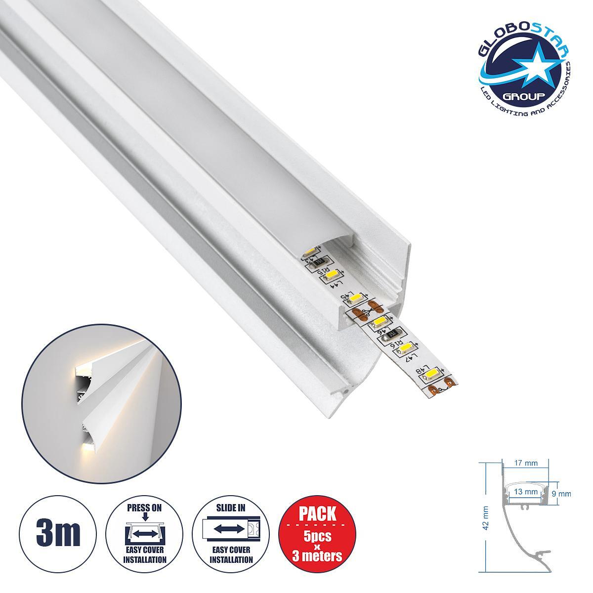 GloboStar® SURFACE-PROFILE 70858-3M Алуминиев профил - Основа и радиатор за LED лента с бяло матово покритие - За повърхностен монтаж за създаване на