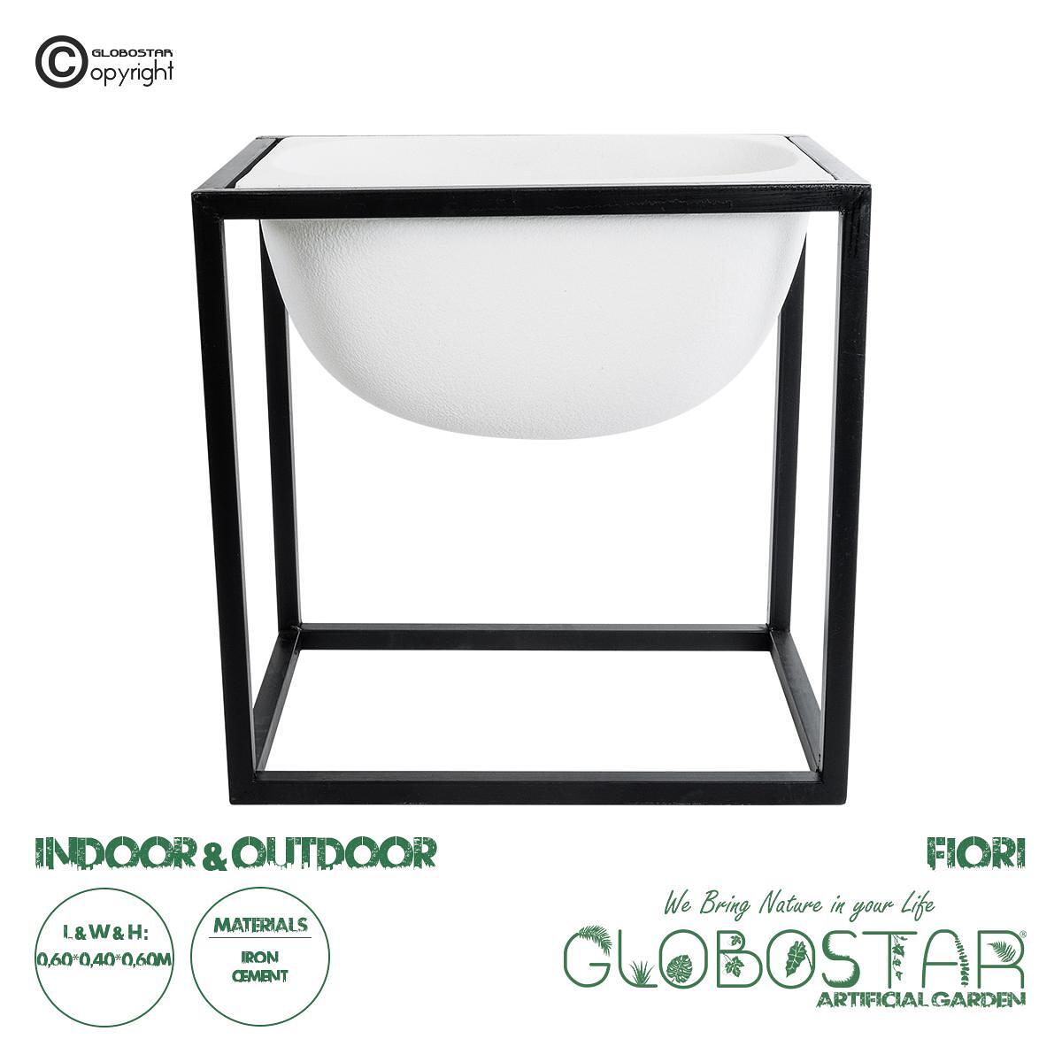 GloboStar® Изкуствена Градина FIORI 20754 Подов Метален Циментов Кашпo Саксия - Flower Pot Бяло с Черно М60 x Ш40 x В60cm