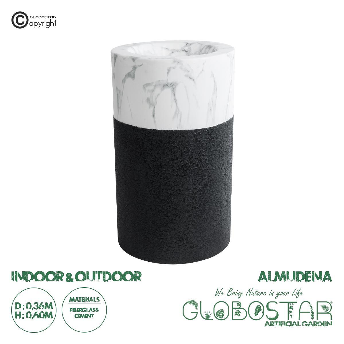 GloboStar® Изкуствена Градина ALMUDENA 20769 Подов Полиестерен Циментов Саксия-Кашпа - Flower Pot Черна с Бяло Φ36 x В60cm