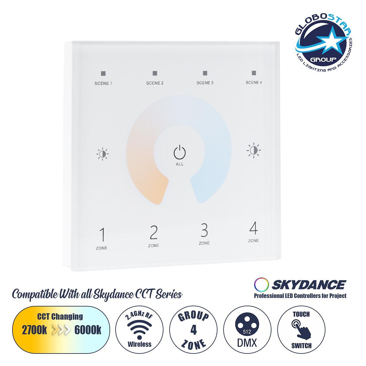 GloboStar® 73160 T12 SKYDANCE Безжично DMX512 Стенно RF 2.4Ghz Управление 4 Групи за всички SKYDANCE DMX512 Контролери AC 100-240V Макс 0.1A - IP20