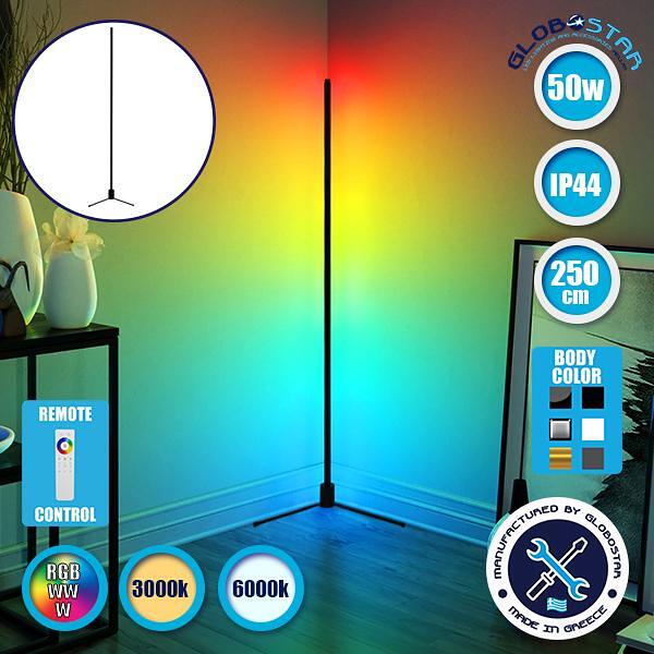 Модерна минималистична черна стояща лампа 250cm LED 50 Watt с безжично 2.4G RF тъч дистанционно и димер RGBW+WW Многоцветна - Студена - Дневна - Топл