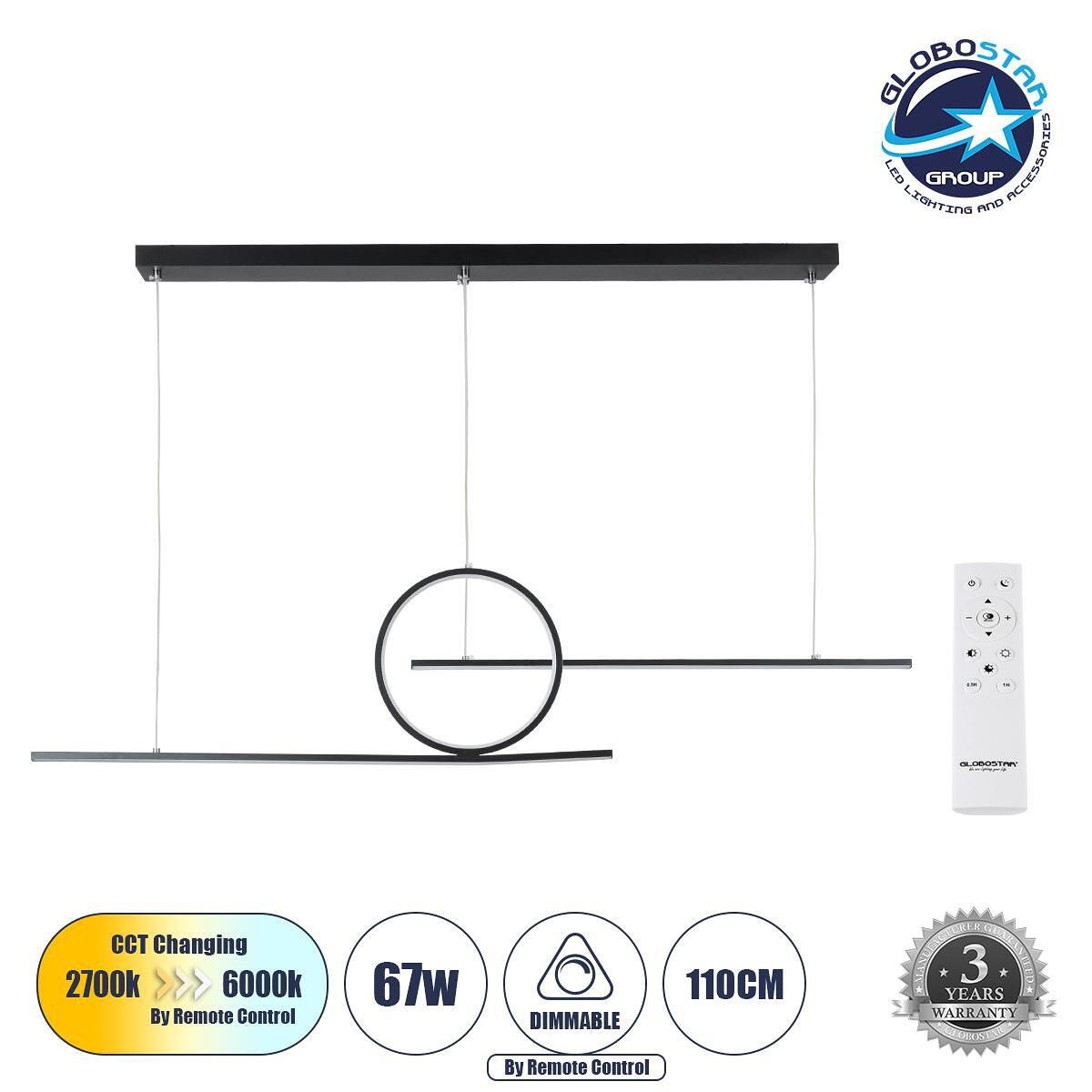 GLOBOSTAR® TEREZA 61288 Модерен висящ LED плафон 67W 7504lm 300° AC 220-240V IP20 Регулируема бяла светлина CCT с дистанционно управление от 2700K до