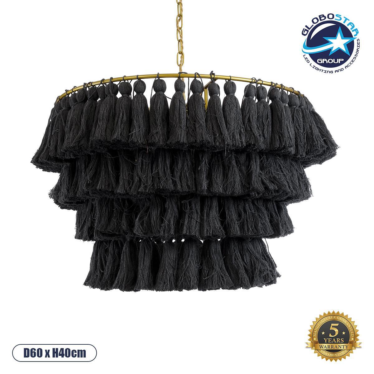 GLOBOSTAR® MISSOULA 02091 Boho Висяща Лампа за Таван с Фасунга 1 x E27 AC 220-240V IP20 - Черно & Златно - Д60 x Ш60 x В40cm