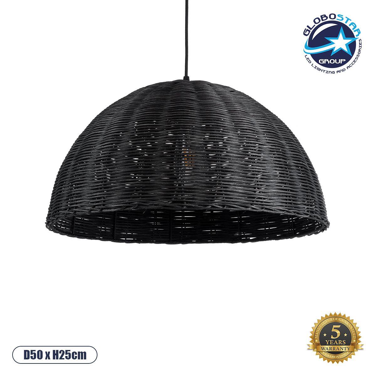 GLOBOSTAR® MONTANA 02383 Boho Висящо Осветително Тяло за Таван с Фасунга 1 x E27 AC 220-240V IP20 - Черно - Д50 x Ш50 x В25cm