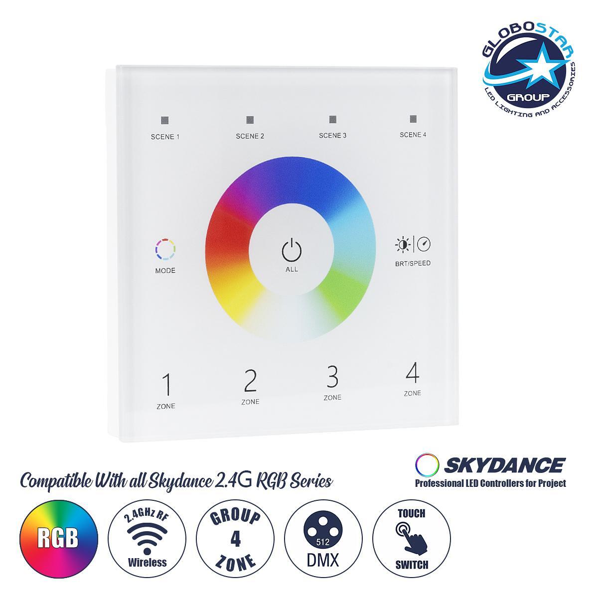 GloboStar® 73161 T13 SKYDANCE Безжично DMX512 Стенно RF 2.4Ghz Управление 4 Групи за всички SKYDANCE DMX512 Контролери AC 100-240V Max 0.1A - IP20 Д