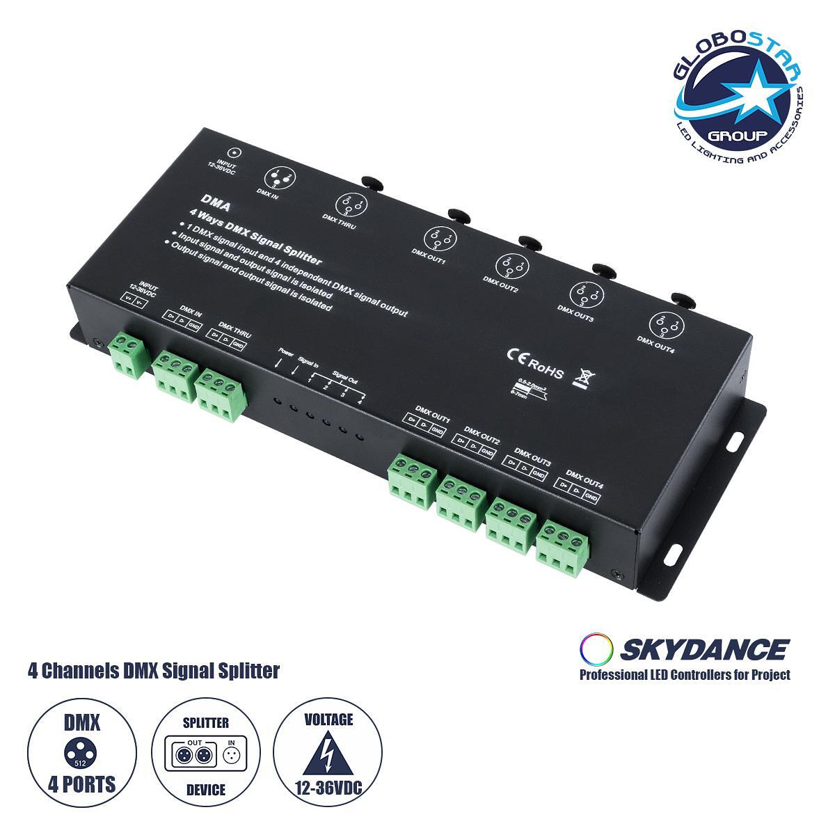 GloboStar® 73136 DMA SKYDANCE DC DMX512 Сигнален Сплитер / Усилвател 4 Канала DC 12-36V - IP20 Д25.6 x Ш9.2 x В3.8cm - 5 Години Гаранция